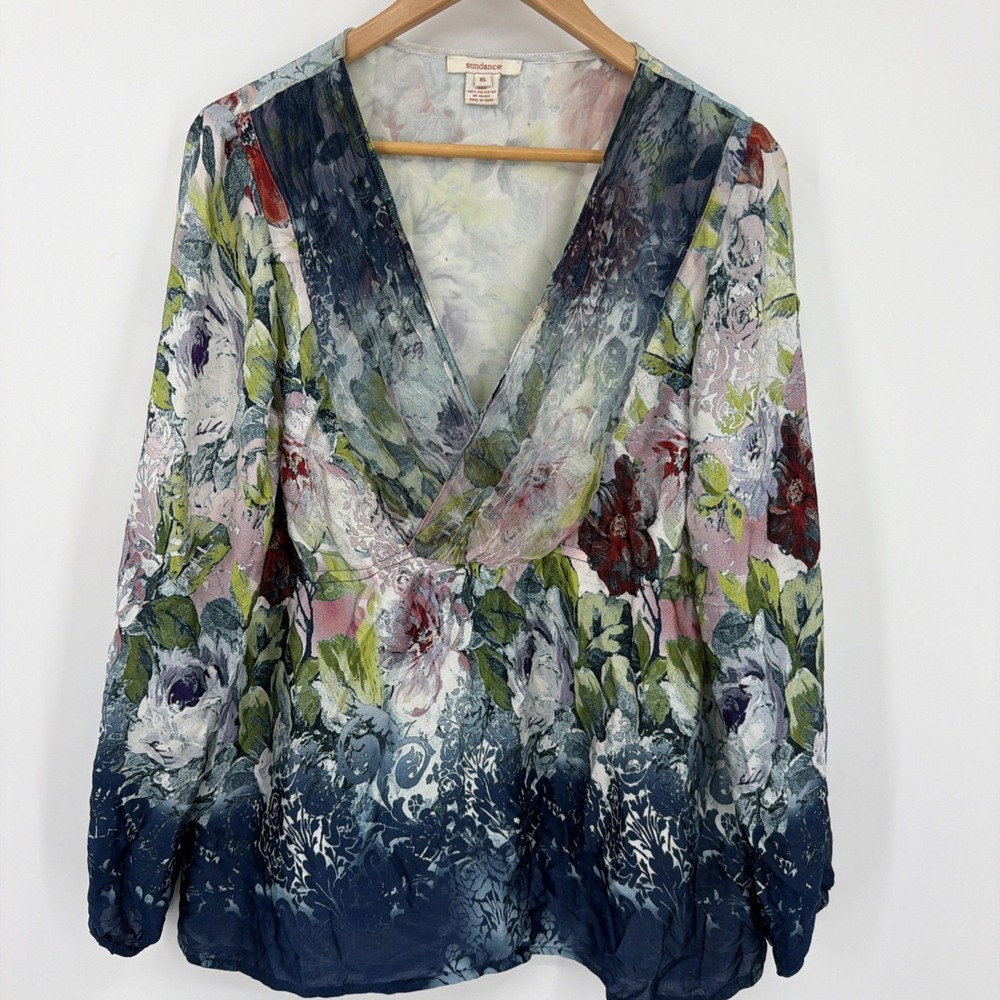 Sundance Tunic V Neck XL 100% Silk Floral Ruched Flow Sugarplum Garden Blouse